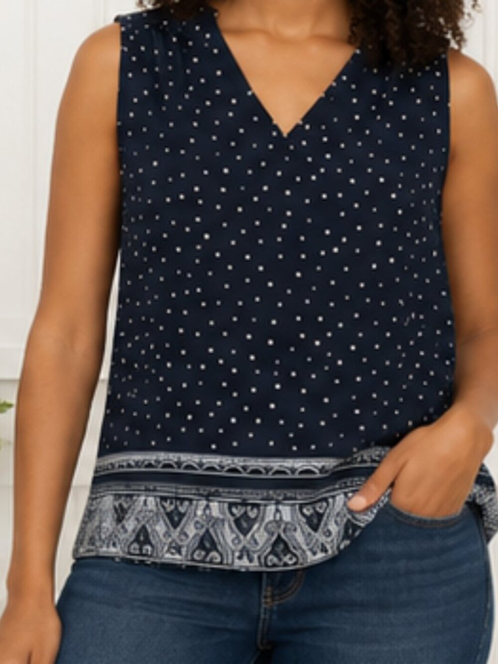 LOFT Navy Polka Dot Sleeveless Blouse Size Small Flowy Minimalist Tank Top - Picture 3 of 5